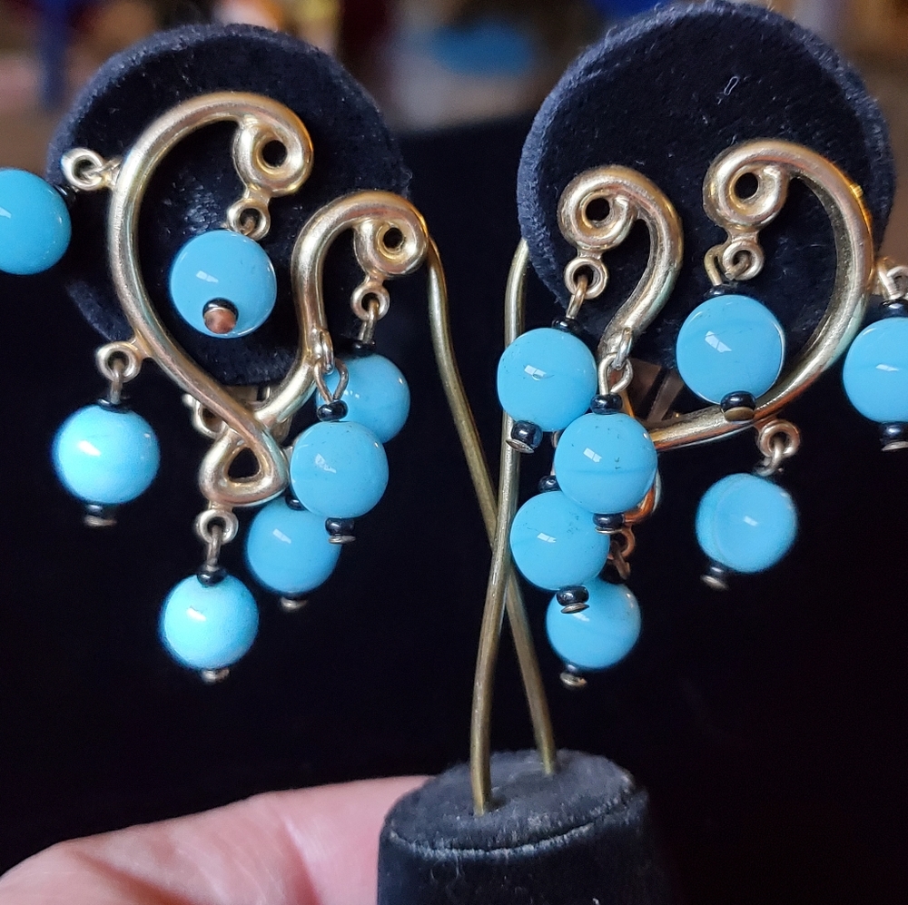 Vintage Rare Castlecliff Aqua Glass Swirl Climber and Dangle Earrings